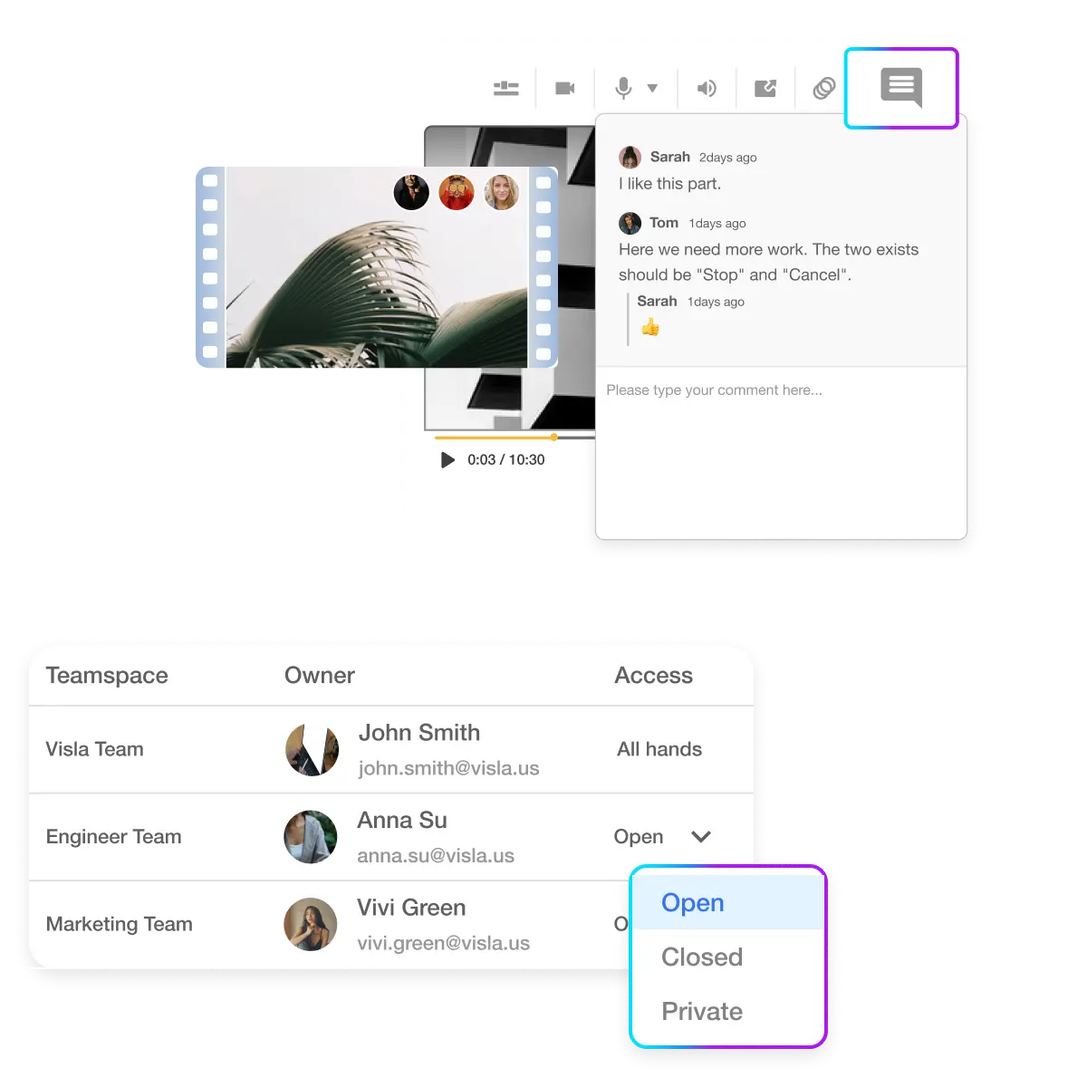 Visla AI video creating and editing platform—real-time video collaboration in Workspaces and Teamspaces.